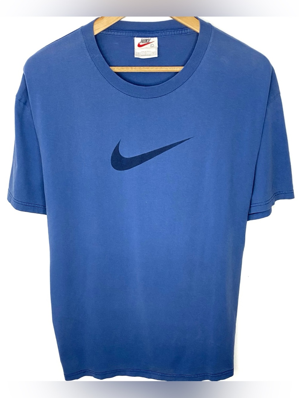 Vintage 90’s Nike Sportswear Blue Big Swoosh Logo Graphic T Shirt Size Large